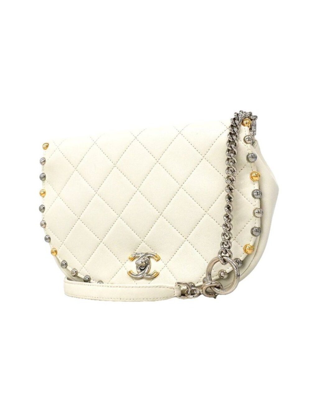 Chanel Shoulder Bag Quilted Leather White Gold Silver